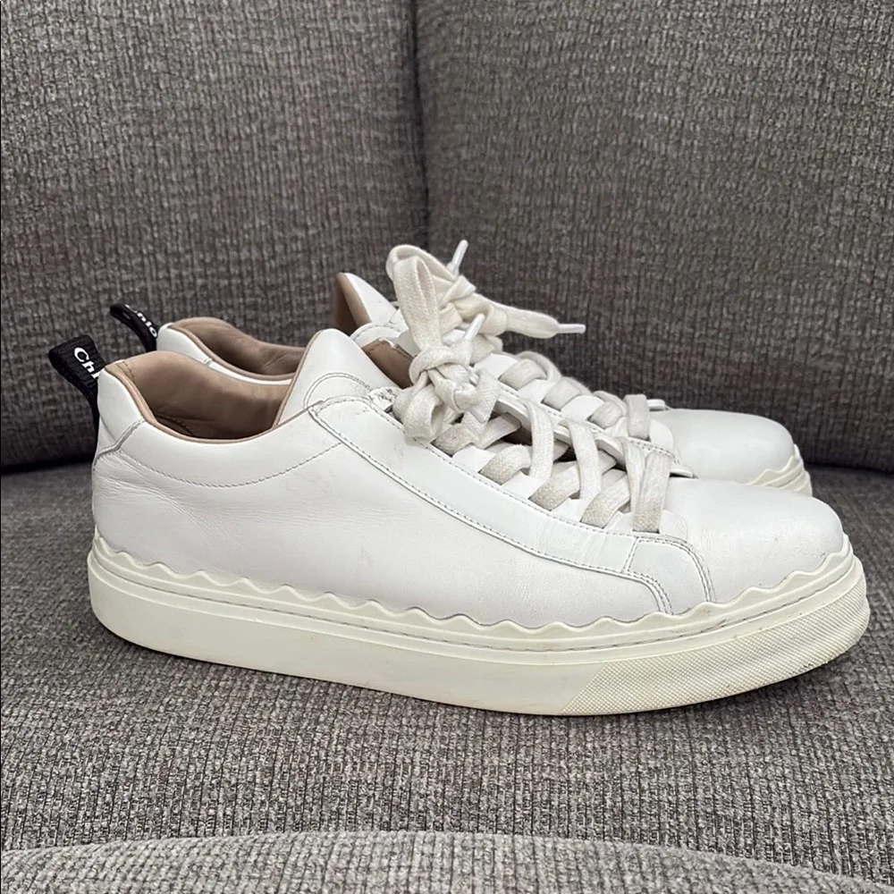 Chloe Scalloped Leather White Sneakers with Textured Upper and Thick Sole - Picture 9 of 16